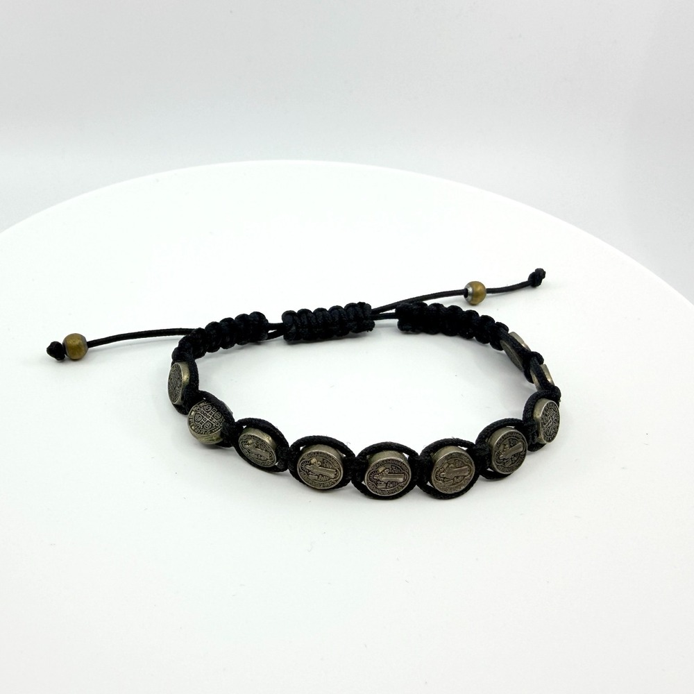 Vintage Saint Benedict Medal Bracelet Black Macrame Cord Catholic Religious 90s